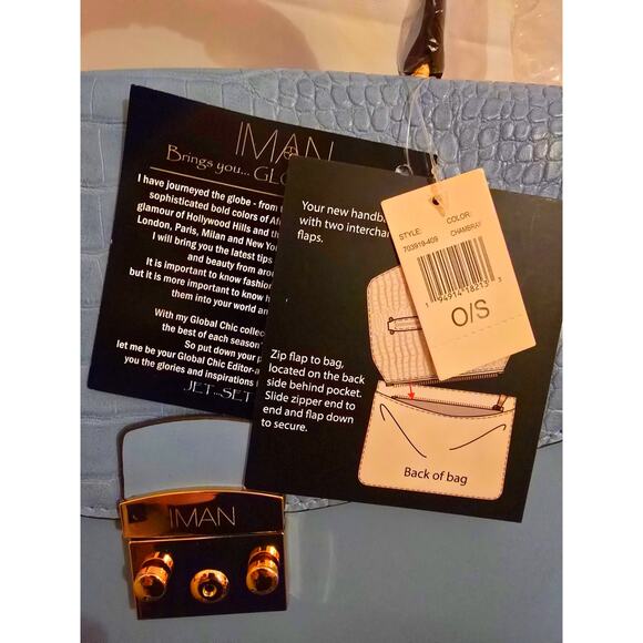 Iman Global Chic Satchel /Crossbody Light Blue Flower Garden Gold Hardware NWT - Picture 4 of 4